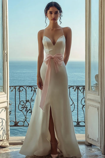 White A Line Satin Bow Maxi Dress With Slit